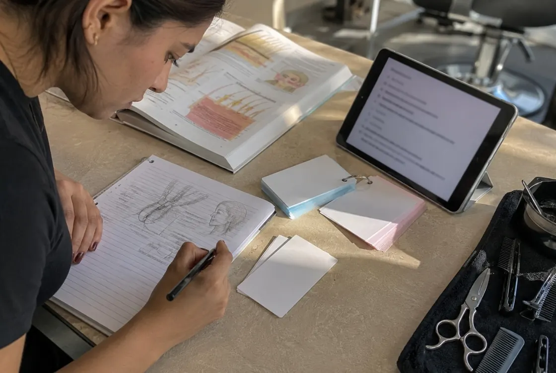 Cosmetology student taking notes from a textbook and tablet