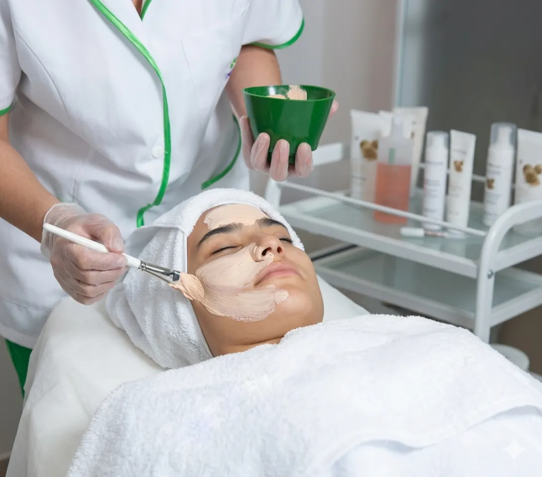 Esthetician applying a facial mask with a brush